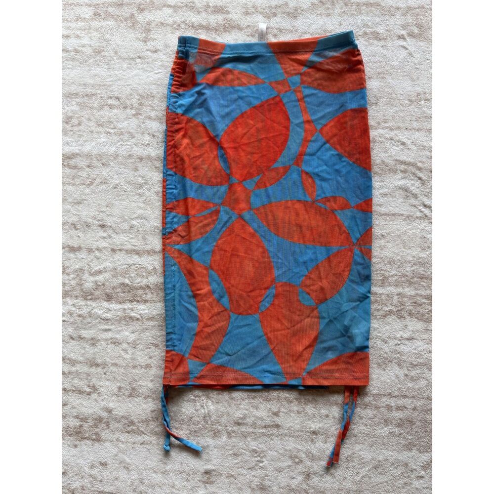 Fabletics Mesh Ruched Midi Skirt Size Small Blue Orange Abstract Print